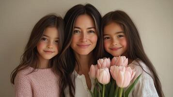 Beautiful mother and daughters posing together with pink tulips in a bright indoor setting photo