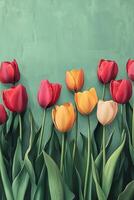 Colorful tulips blooming against a textured green backdrop in a serene setting during springtime photo