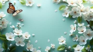 Butterflies and blossoms create a serene spring display on a turquoise background photo