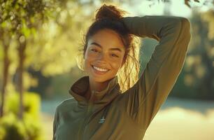 Smiling woman enjoying a sunny day outdoors in a green jacket in a vibrant natural setting photo