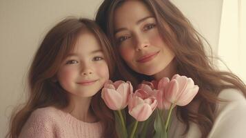 Mother and daughter share a tender moment with pink tulips indoors during spring photo