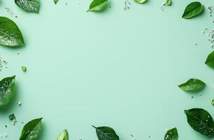 Green leaves and delicate flowers arranged on a mint background for a refreshing natural design photo