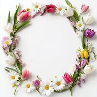 Beautiful floral wreath made with seasonal flowers arranged on a plain background photo