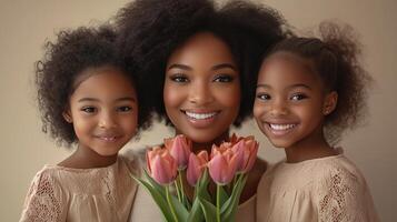 Smiling mother with two daughters holding pink tulips in a cozy indoor setting photo