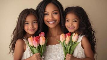 Joyful mother and daughters holding vibrant tulips in a warm, cozy setting photo