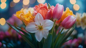 Vibrant bouquet of tulips and lilies with delicate raindrops in a warm, softly lit setting photo