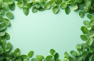 Fresh mint leaves create a vibrant border on a light background photo