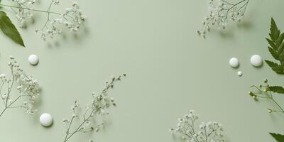 Delicate white flowers and circular shapes on a soft green background create a tranquil composition photo