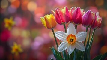 Colorful tulips and daffodil bloom in a vibrant spring garden setting photo