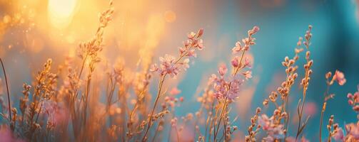 Beautiful sunset illuminating wildflowers in a serene landscape photo