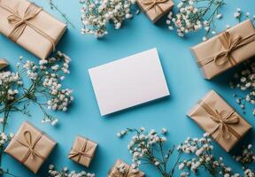 Beautifully wrapped gifts surrounded by delicate flowers on a vibrant background photo