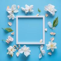 Floral arrangement with white flowers and empty frame on blue background for creative design photo