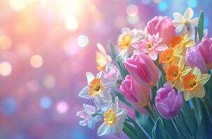 Colorful spring bouquet with tulips and daffodils in a soft pastel background photo