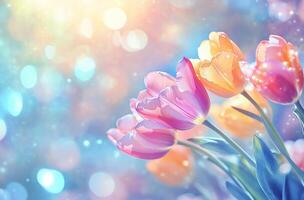 Colorful tulips bloom in vibrant garden during springtime with soft bokeh background photo