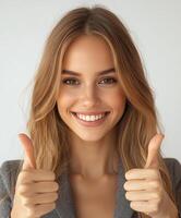 Smiling woman with long hair showing thumbs up indoors in a bright and cheerful environment photo