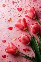 Beautiful pink tulips with heart confetti on a pastel background for a romantic celebration photo