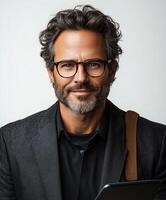 Confident man with glasses and a beard holding a tablet in a professional setting photo