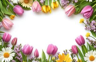 Colorful spring flowers arranged beautifully on a white background for decoration or invitation design photo