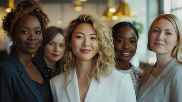 Group of diverse women smiling confidently in a modern urban setting during a sunny afternoon photo