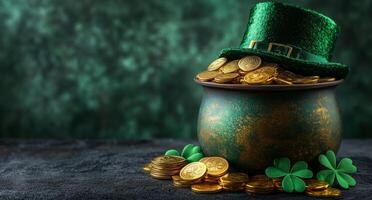 Pot of gold with shamrock leaves and green hat for St. Patrick's Day celebration photo