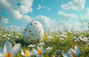 Vibrant egg nestled in blooming wildflowers under a sunny sky in a peaceful meadow photo