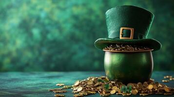 Celebration of St. Patrick's Day with a green hat and pot of gold coins on a festive backdrop photo