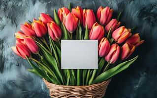Vibrant tulip bouquet arranged in a basket with a blank card for messages photo