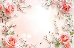 Soft pink roses and cherry blossoms create a delicate floral frame for your creative designs photo
