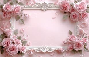 Elegant pink rose frame with detailed white border and soft petals arranged beautifully photo