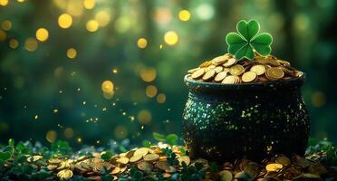 Lucky pot overflowing with gold coins and a four-leaf clover under soft glowing light in a lush setting photo