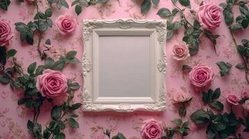 Elegant white frame surrounded by pink roses against a floral wallpaper backdrop photo