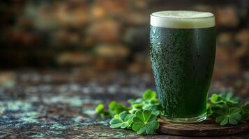 Green beer served with clover leaves during festive celebration photo