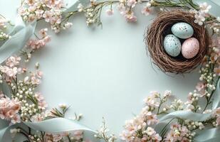 Elegant spring arrangement with pastel eggs and delicate flowers for seasonal decoration photo