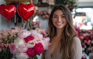 Smiling woman holds bouquet of peonies in flower shop decorated with heart balloons photo