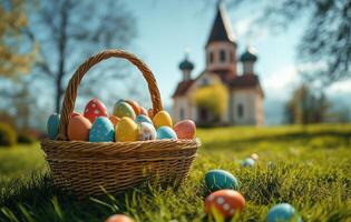 Colorful Easter eggs in a basket on grass near a charming church and sunny sky photo