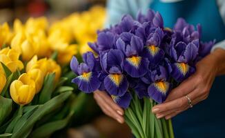 Colorful bouquet arrangement with purple irises and yellow tulips in a flower shop setting photo