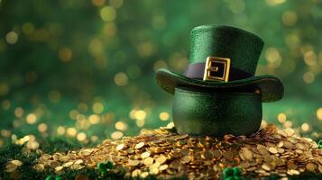 Colorful leprechaun hat resting on a pile of golden coins for St Patrick's Day celebration photo