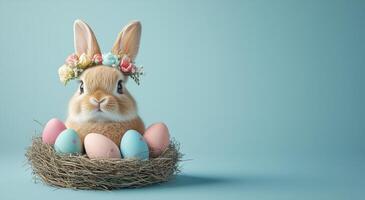 Cute bunny with flower crown surrounded by pastel eggs in nest for spring celebration photo