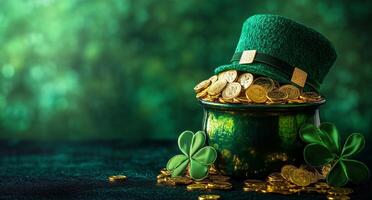 Festive pot filled with gold coins and lucky clovers for St Patrick's Day celebration photo