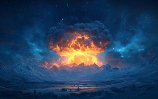 Dramatic volcanic eruption illuminates tranquil mountain landscape at twilight photo