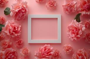 Beautiful arrangement of pink roses surrounding a blank frame on a soft pink background photo