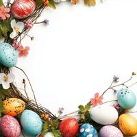 Colorful Easter egg arrangement with flowers and greenery in a circular design photo