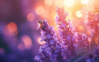 Vibrant bee pollinates purple flowers during golden hour in a lush garden photo