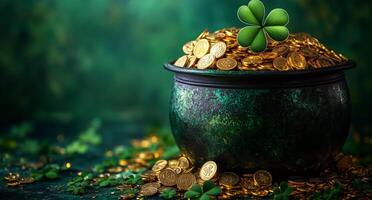 A pot filled with gold coins and a clover leaf on top among green foliage photo