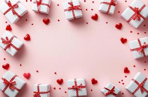 Festive white gift boxes with red ribbons and hearts on a pink background photo