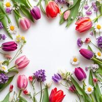 Colorful arrangement of spring flowers creating a vibrant circular pattern on a white background photo
