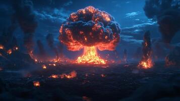 Large explosion creates a mushroom cloud above a devastated landscape at twilight with fiery aftermath photo