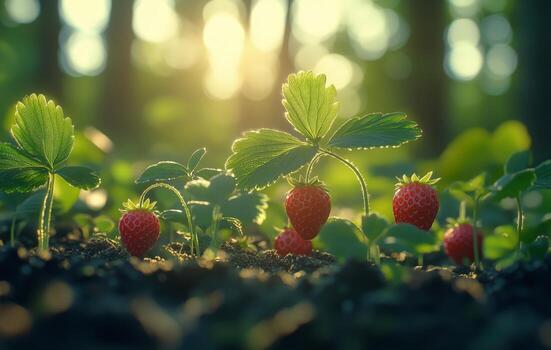 Fresh strawberries growing in sunlight on a warm afternoon in a forest photo