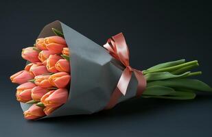 Beautiful bouquet of orange tulips wrapped in gray paper with a pink ribbon on a dark background photo