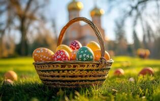 Colorful easter eggs in a basket on green grass near a historic building in springtime photo